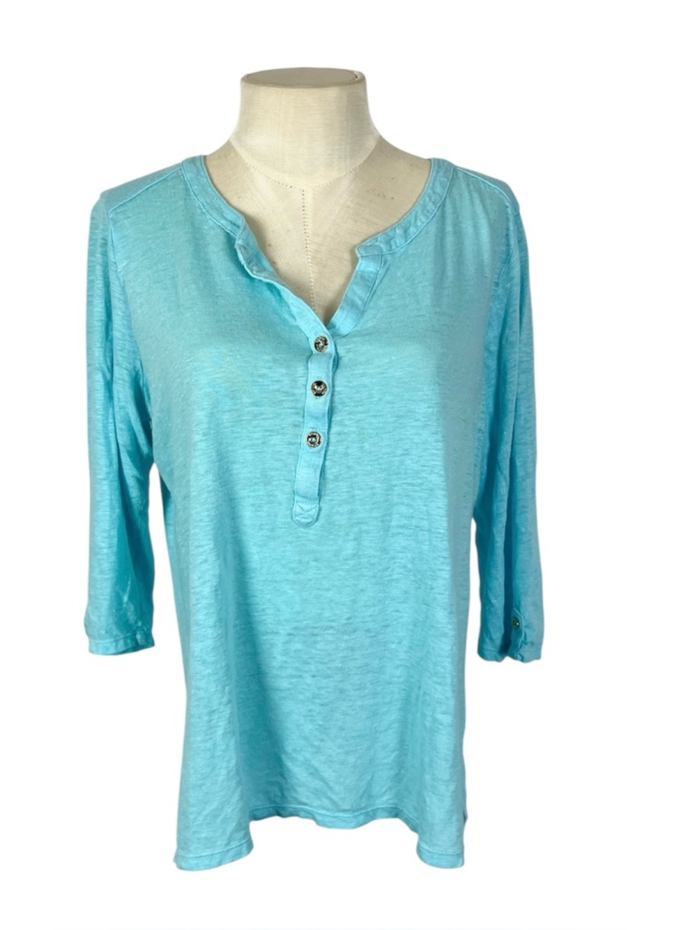 Lilly Pulitzer linen henley top‎ size XL aqua blue 3/4 sleeves gold buttons